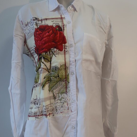 NWT Womens The Nu Vintage White Rose Button Down Shirt Sz L - Picture 3 of 8